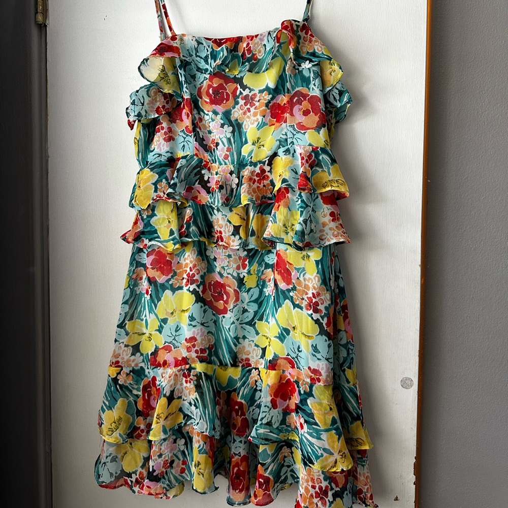 Lulu's Floral Ruffle Mini Dress - Red, Yellow, Green